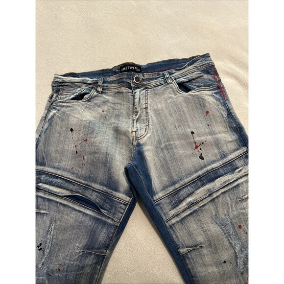 ArkeType Jeans Mens 38x32 Blue Acid Washed Dripped Ripped Distressed Stretch - Picture 9 of 16